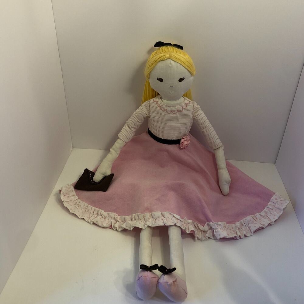 Pottery Barn Kids Plush Cloth Girl Doll Blonde‎ Hair Pink Dress 27" Muslin Linen